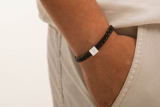 Kare Baget Örgülü Deri Bileklik | 925 Gümüş