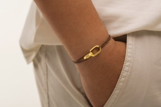 Zincir Halkalı Kahverengi İnce Örgülü Deri Bileklik | 925 Gümüş