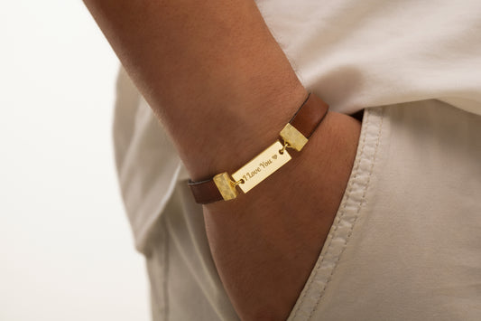 Gold Kaplama Kişiye Özel Kahverengi Deri Bileklik | 925 Gümüş