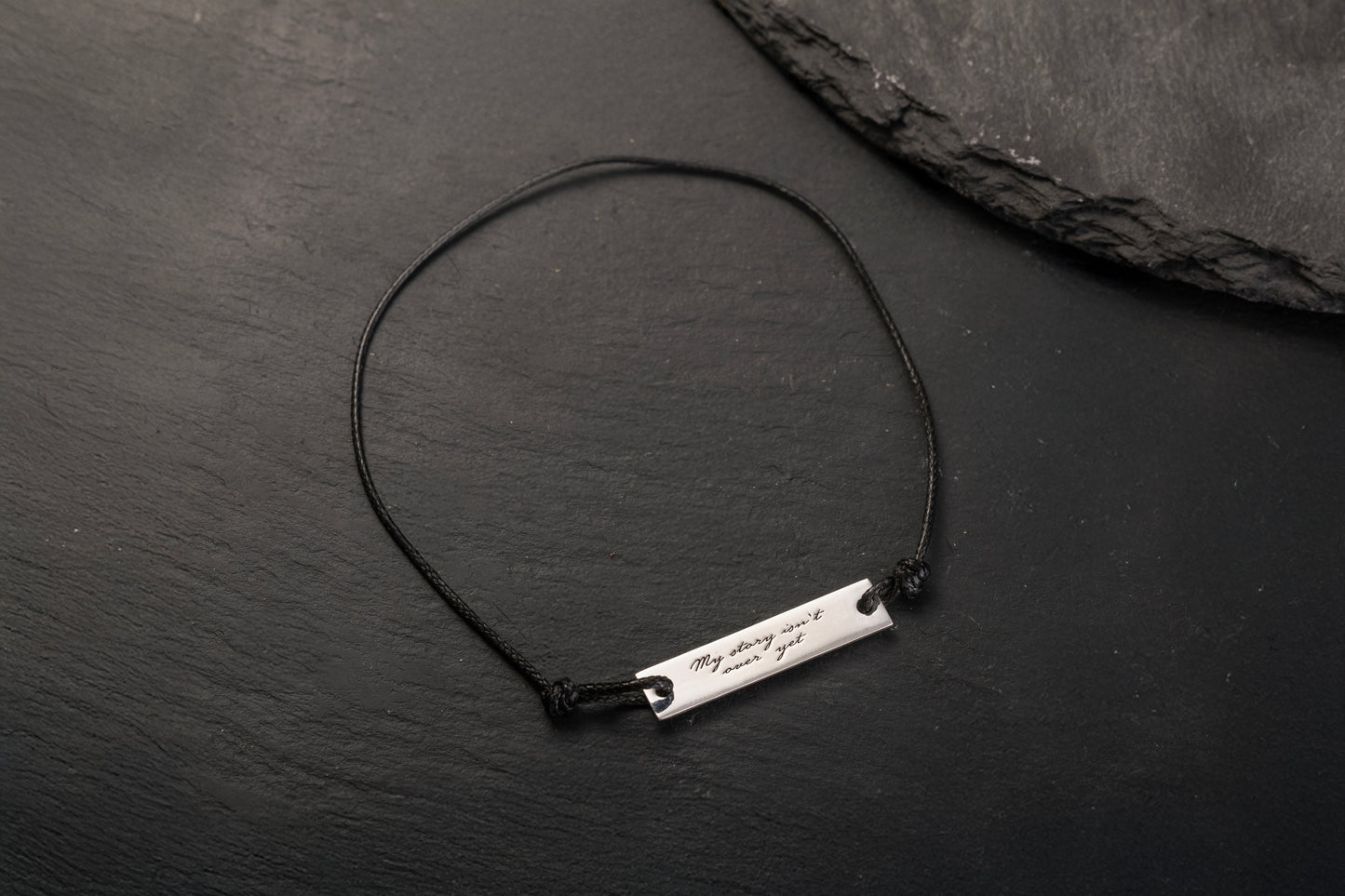 Gümüş Kaplama Dikdörtgen Baget Siyah İnce Örgülü Deri Bileklik | 925 Gümüş