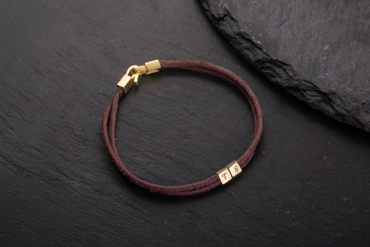 İki Harfli Gold Kaplama Kahverengi Deri Bileklik | 925 Gümüş