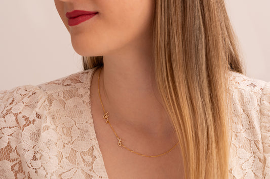 İki Harfli Taşlı Köprücük Kolye | 14 Ayar Altın