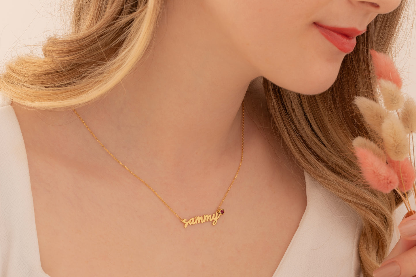 Doğum Taşlı İsim Kolye | 14 Ayar Altın
