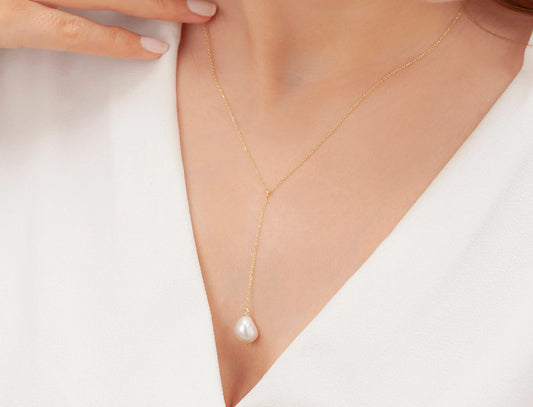 Doğal İnci Taşlı Y Kolye | 925 Gümüş