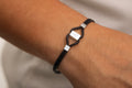 Dikdörtgen Küp Harfli Siyah İnce Düz Deri Bileklik | 925 Gümüş