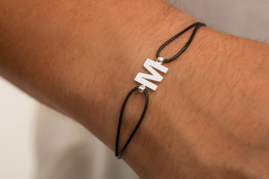 Tek Harfli İnce Örgülü Deri Bileklik | 925 Gümüş