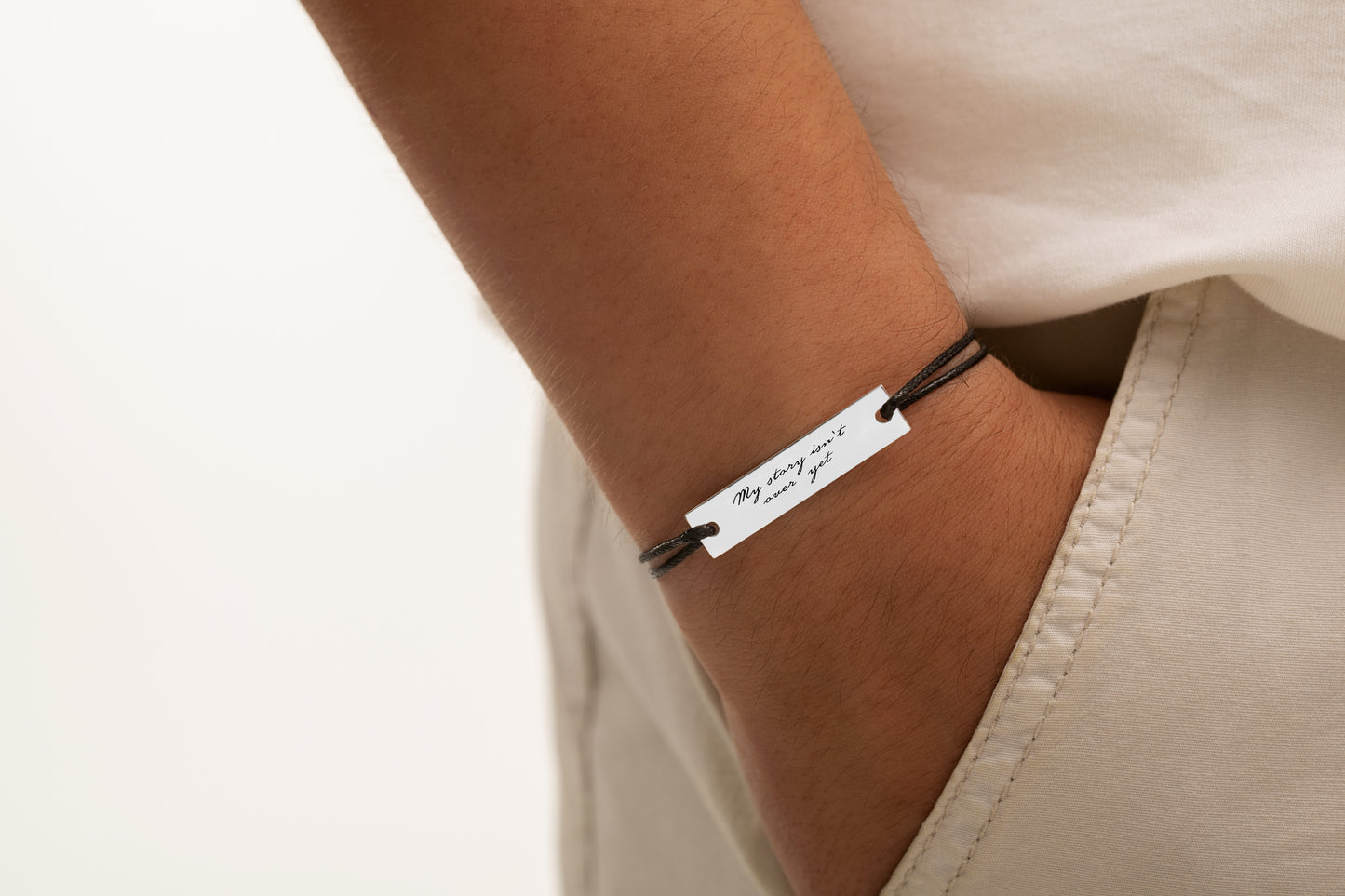 Gümüş Kaplama Dikdörtgen Baget Siyah İnce Örgülü Deri Bileklik | 925 Gümüş