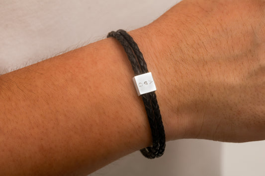 Kare Baget Örgülü Deri Bileklik | 925 Gümüş