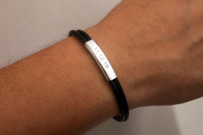 Bombeli Baget Düz Deri Bileklik | 925 Gümüş