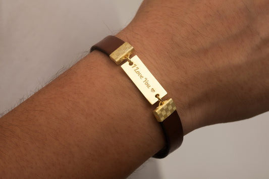 Gold Kaplama Kişiye Özel Kahverengi Deri Bileklik | 925 Gümüş