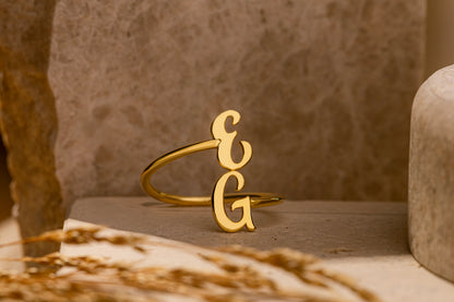 İki Harfli Döküm El Yazısı Ayarlanabilir Yüzük | 925 Gümüş