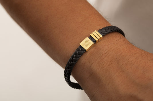 Gümüş Bagetli Presli Örgü Deri Bileklik | 925 Gümüş