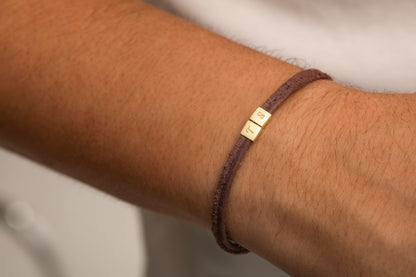 İki Harfli Gold Kaplama Kahverengi Deri Bileklik | 925 Gümüş