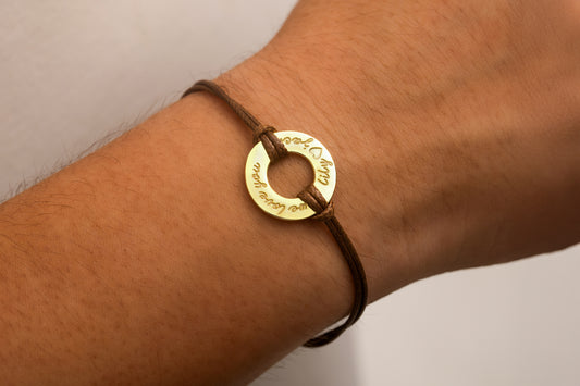 Gold Kaplama Halkalı Kahverengi İnce Örgülü Deri Bileklik | 925 Gümüş