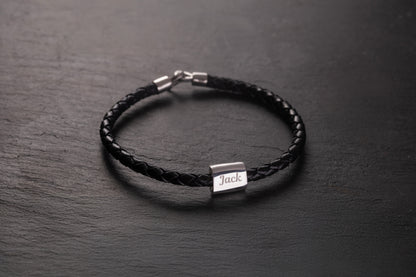 Gümüş Bagetli Siyah Örgü Deri Bileklik | 925 Gümüş