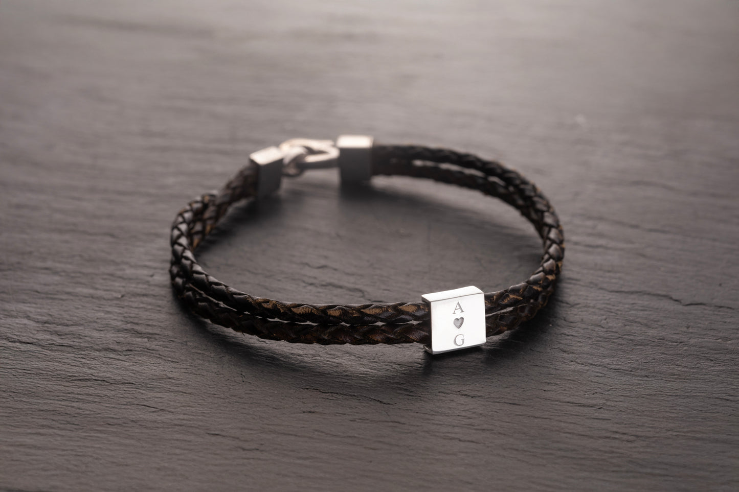 Kare Baget Örgülü Deri Bileklik | 925 Gümüş