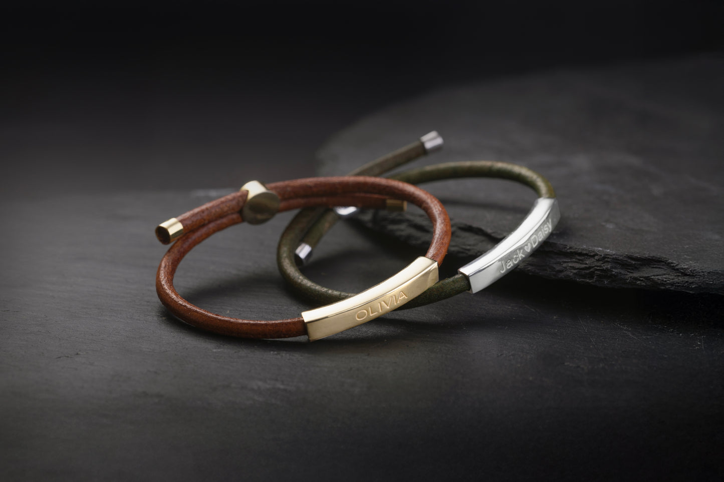 Bombeli Dikdörtgen Küp Düz Deri Bileklik | 925 Gümüş