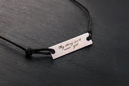 Gümüş Kaplama Dikdörtgen Baget Siyah İnce Örgülü Deri Bileklik | 925 Gümüş