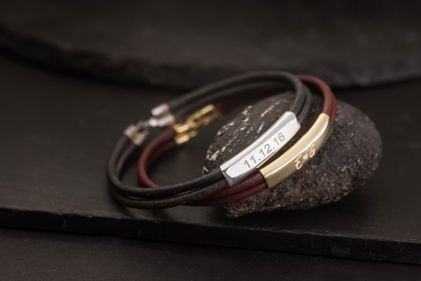 Bombeli Baget Düz Deri Bileklik | 925 Gümüş