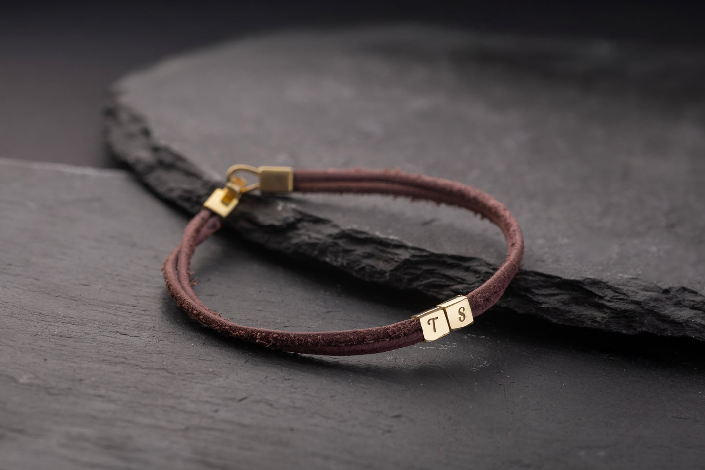 İki Harfli Gold Kaplama Kahverengi Deri Bileklik | 925 Gümüş