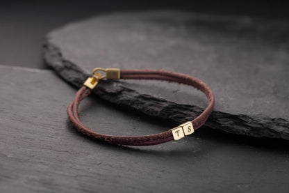 İki Harfli Gold Kaplama Kahverengi Deri Bileklik | 925 Gümüş