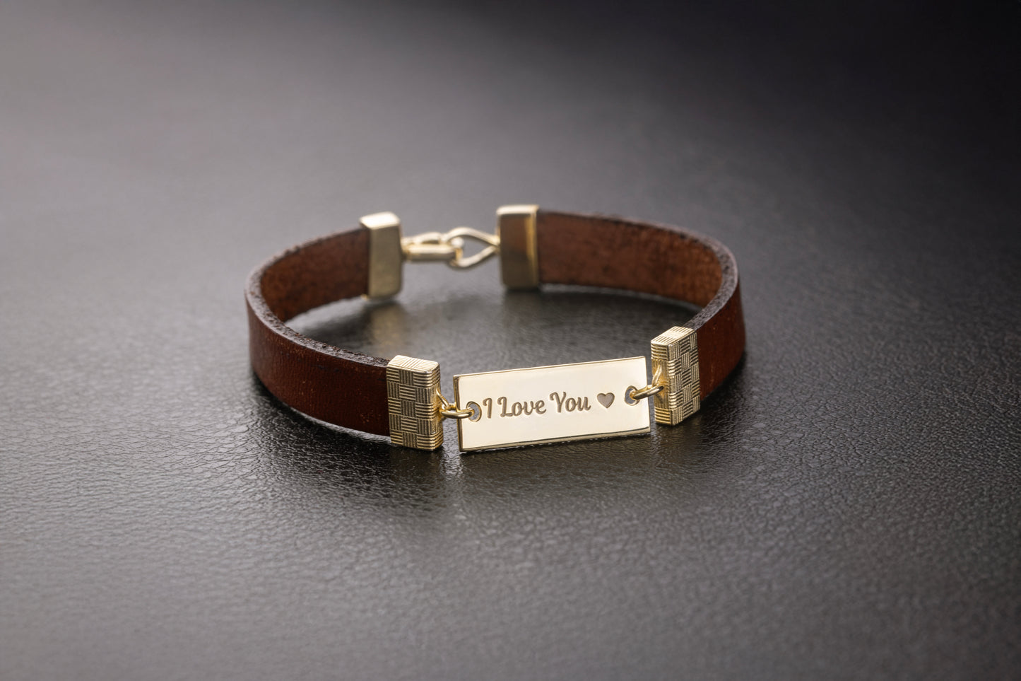 Gold Kaplama Kişiye Özel Kahverengi Deri Bileklik | 925 Gümüş