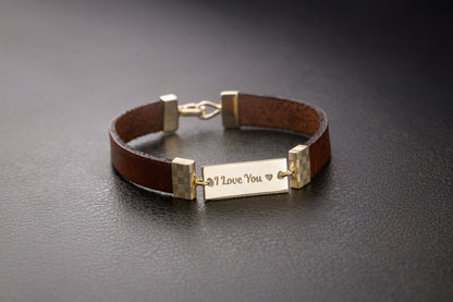 Gold Kaplama Kişiye Özel Kahverengi Deri Bileklik | 925 Gümüş