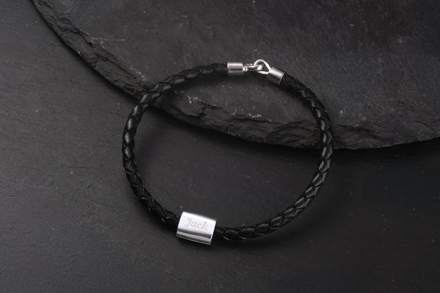 Gümüş Bagetli Siyah Örgü Deri Bileklik | 925 Gümüş