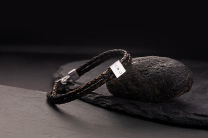 Kare Baget Örgülü Deri Bileklik | 925 Gümüş