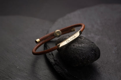 Bombeli Dikdörtgen Küp Düz Deri Bileklik | 925 Gümüş