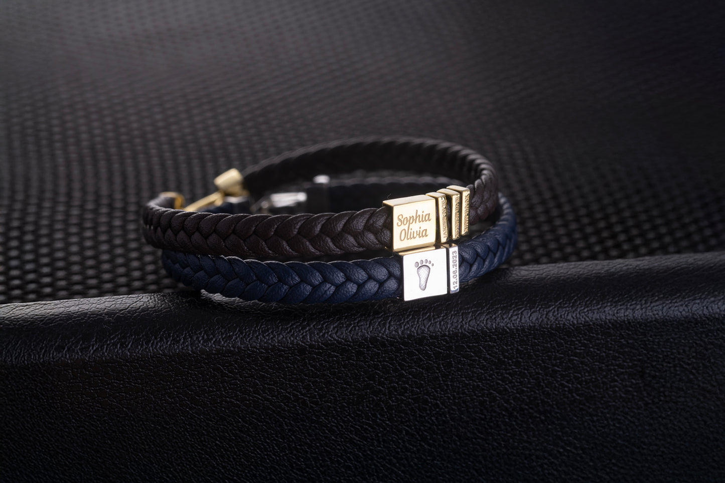 Gümüş Bagetli Presli Örgü Deri Bileklik | 925 Gümüş