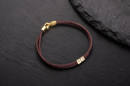 İki Harfli Gold Kaplama Kahverengi Deri Bileklik | 925 Gümüş