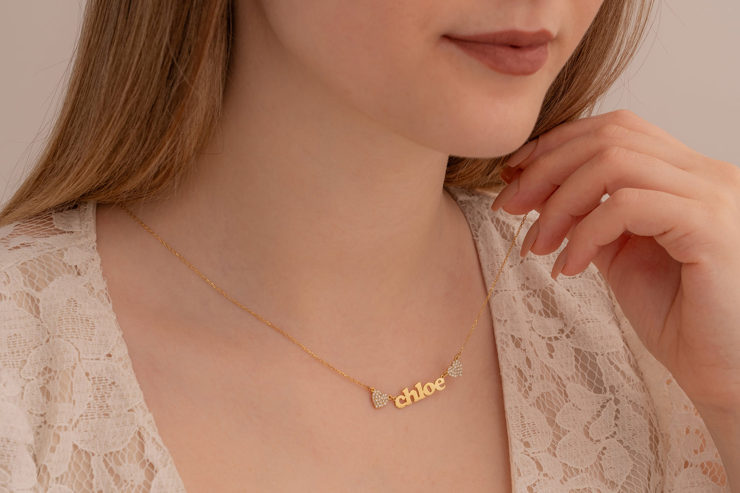 İki Taşlı Kalp Arası İsim Kolye | 925 Gümüş