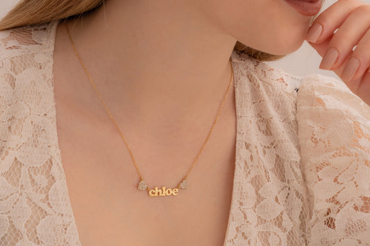 İki Taşlı Kalp Arası İsim Kolye | 14 Ayar Altın