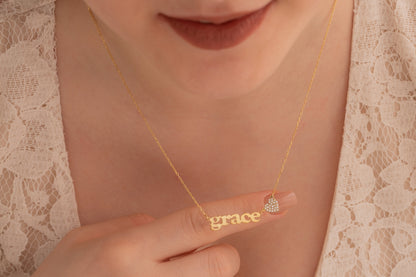 Taşlı Kalp ve İsim Kolye | 14 Ayar Altın