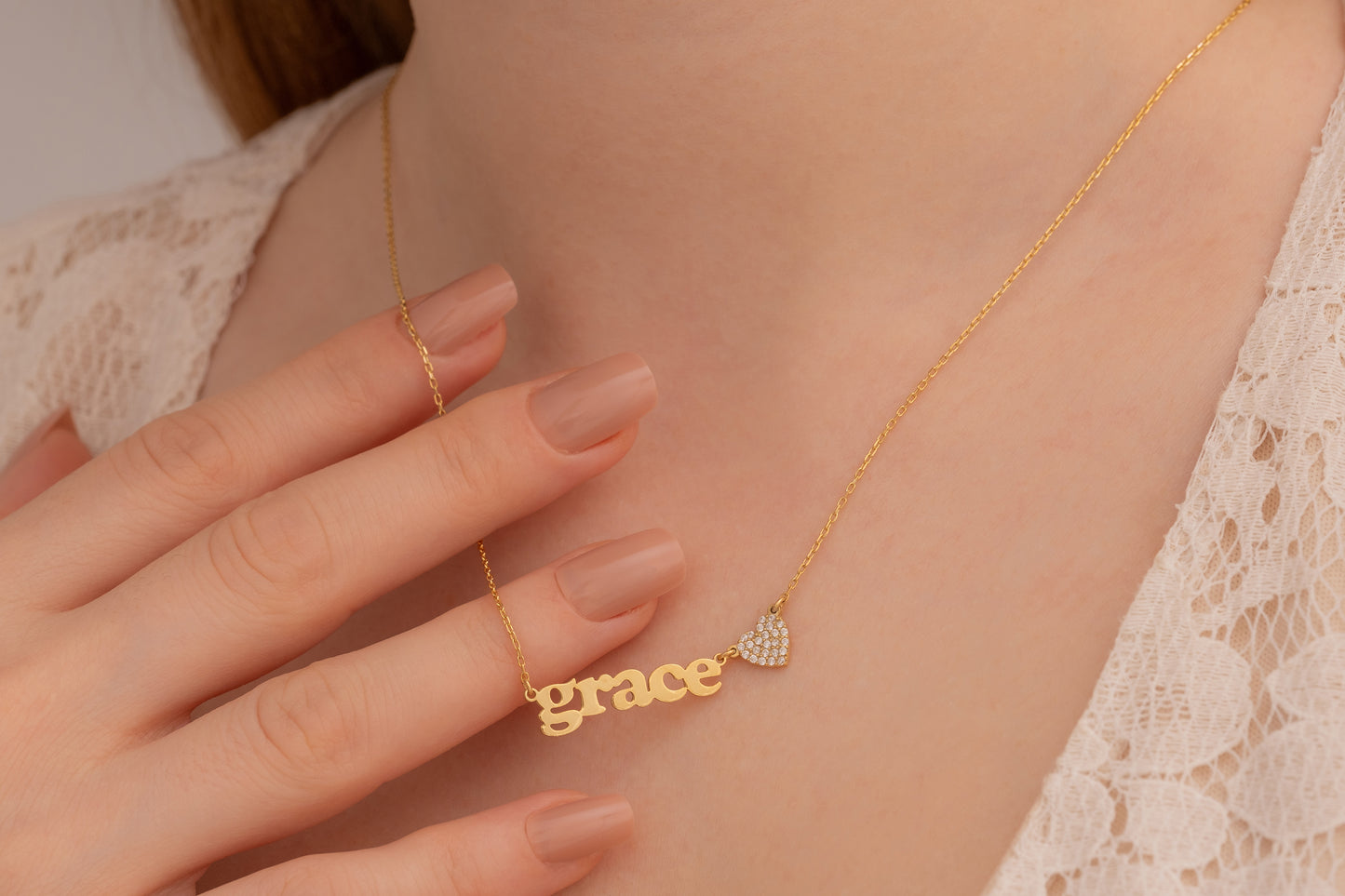 Taşlı Kalp ve İsim Kolye | 14 Ayar Altın