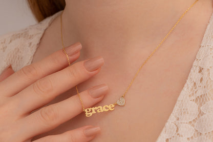 Taşlı Kalp ve İsim Kolye | 14 Ayar Altın