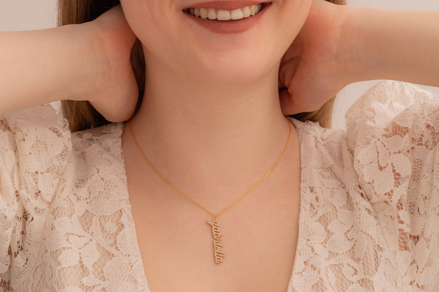 Zirkon Taşlı Dikey İsim Kolye | 14 Ayar Altın