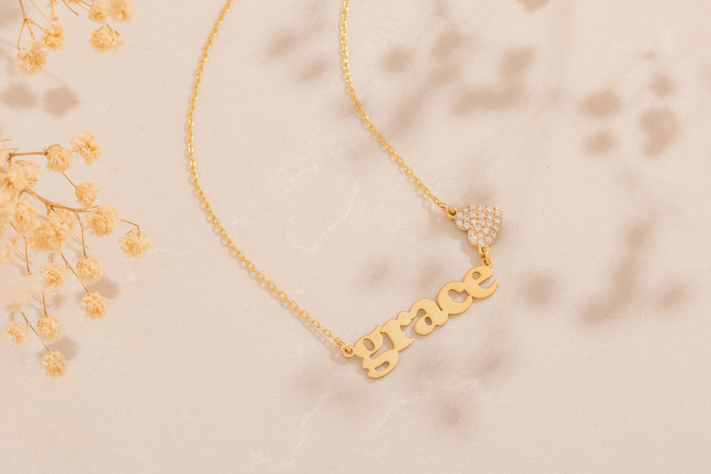 Taşlı Kalp ve İsim Kolye | 14 Ayar Altın