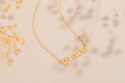 Taşlı Kalp ve İsim Kolye | 14 Ayar Altın