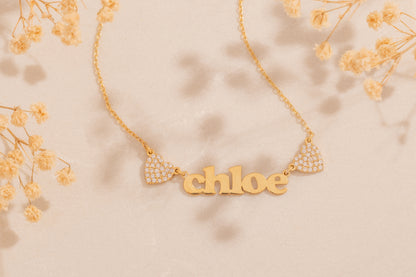 İki Taşlı Kalp Arası İsim Kolye | 14 Ayar Altın