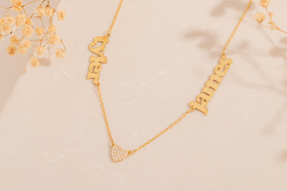 İki İsimli Kalpli Kolye | 14 Ayar Altın