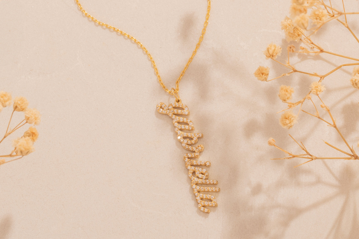 Zirkon Taşlı Dikey İsim Kolye | 925 Gümüş