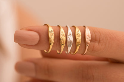 Doğum Çiçeği Kazıma Yüzük | 14 Ayar Altın