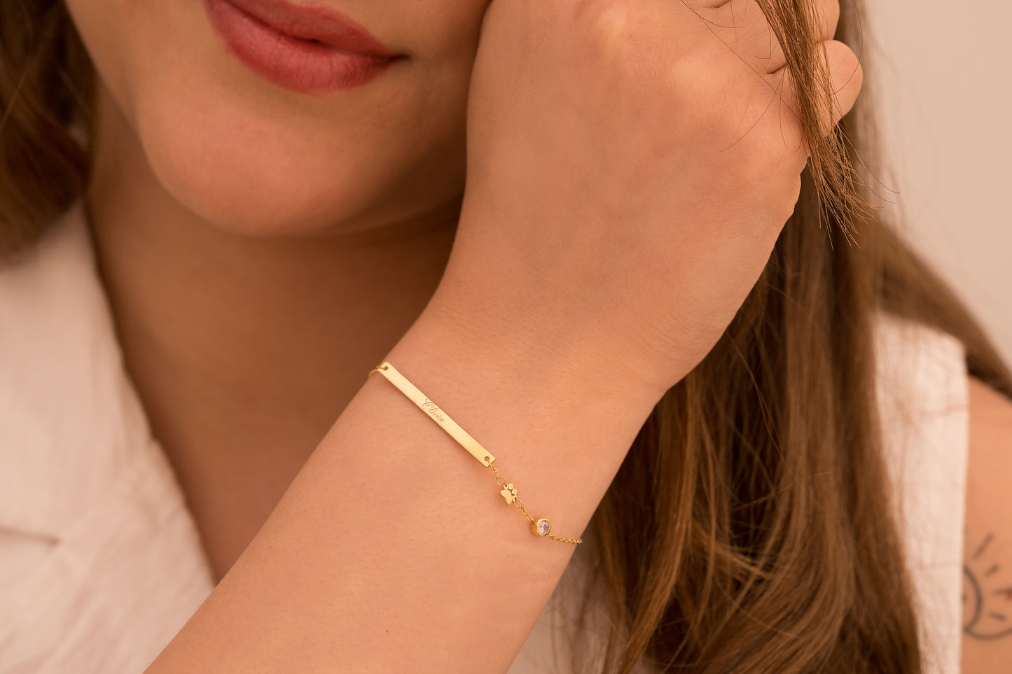 Doğum Taşlı Pati Figürlü İsim Bileklik | 14 Ayar Altın