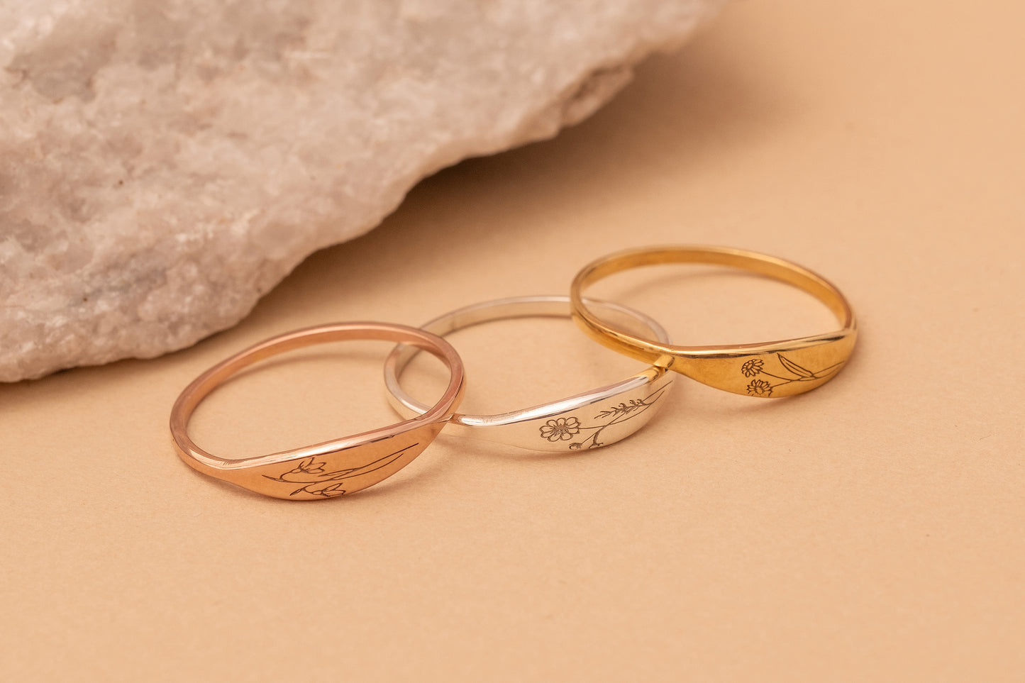 Doğum Çiçeği Kazıma Yüzük | 14 Ayar Altın