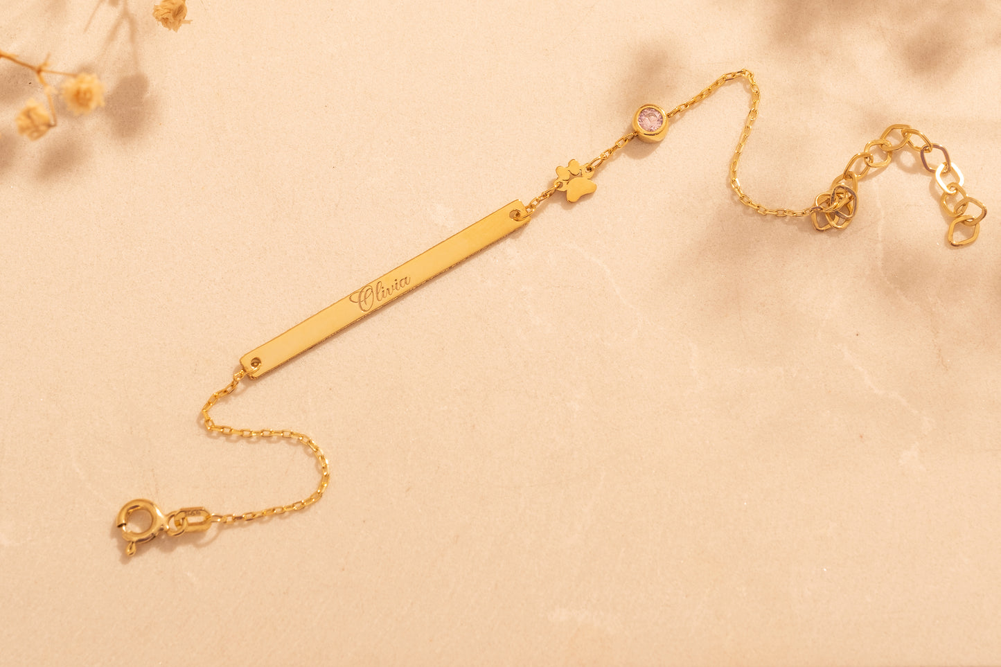 Doğum Taşlı Pati Figürlü İsim Bileklik | 14 Ayar Altın