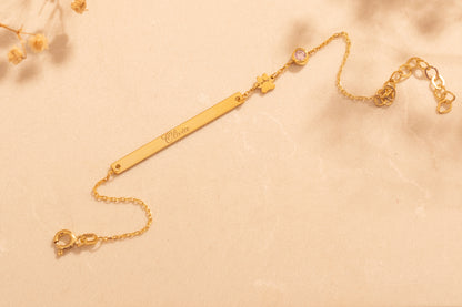 Doğum Taşlı Pati Figürlü İsim Bileklik | 14 Ayar Altın