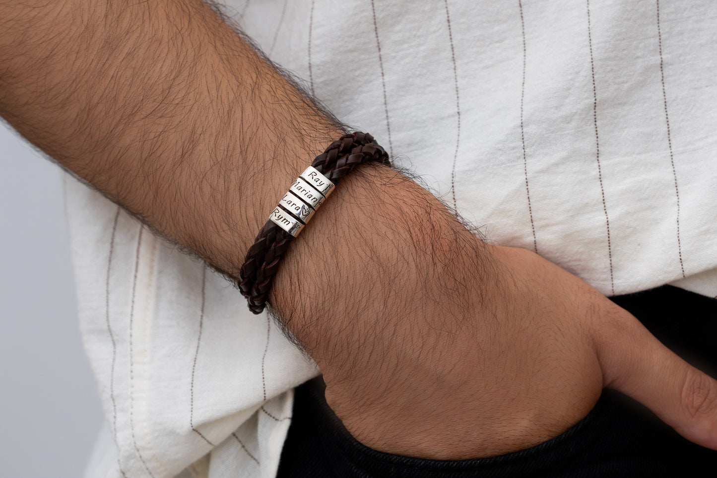 Çift Sargılı Erkek Deri İsim Bileklik | 925 Gümüş