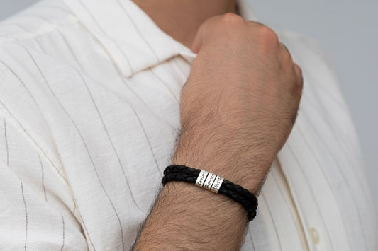 Çift Sargılı Erkek Deri İsim Bileklik | 925 Gümüş